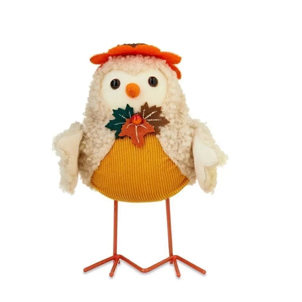Nwt Harvest Off-White Sherpa Fabric Bird with Flower Hat Tabletop Decor, 7"